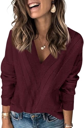 Fisoew Damen Pullover V-Ausschnitt Strickpullover mit V-Form Gestreift Langarm Pulli Sweater,Weinrot,XXL von Fisoew