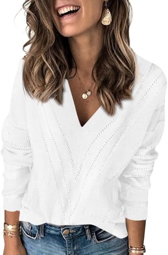 Fisoew Damen Pullover V-Ausschnitt Strickpullover mit V-Form Gestreift Langarm Pulli Sweater,Weiß,L von Fisoew
