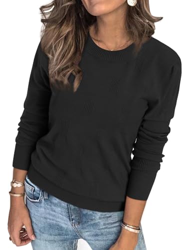 Fisoew Damen Pullover mit Blockmuster Rundhals Strickpullover Langarm Pulli Elegant Sweatshirt,Schwarz,L von Fisoew