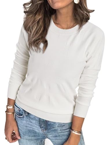 Fisoew Damen Pullover mit Blockmuster Rundhals Strickpullover Langarm Pulli Elegant Sweatshirt,Weiß,L Fisoew Damen Pullover mit Blockmuster Rundhals Strickpullover Langarm Pulli Elegant Sweatshirt,Weiß,L von Fisoew
