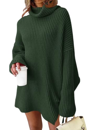 Fisoew Damen Rollkragen Strickpullover Langarm Sweater Lang Pullover Oversized Pulloverkleid,Armeegrün,M von Fisoew