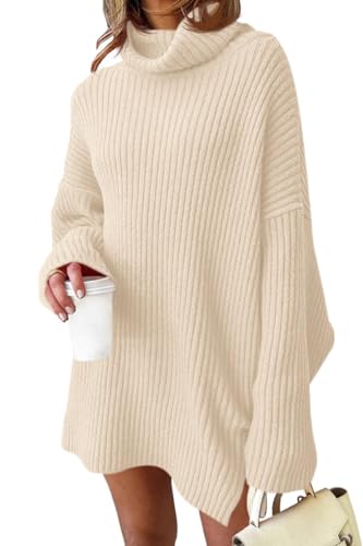 Fisoew Damen Rollkragen Strickpullover Langarm Sweater Lang Pullover Oversized Pulloverkleid,Beige,XXL von Fisoew