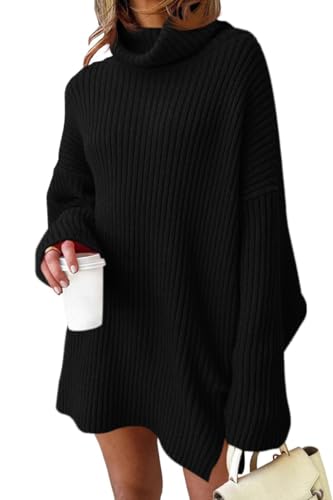 Fisoew Damen Rollkragen Strickpullover Langarm Sweater Lang Pullover Oversized Pulloverkleid,Schwarz,L von Fisoew