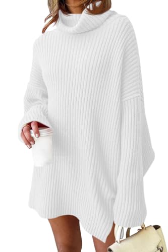 Fisoew Damen Rollkragen Strickpullover Langarm Sweater Lang Pullover Oversized Pulloverkleid,Weiß,S Fisoew Damen Rollkragen Strickpullover Langarm Sweater Lang Pullover Oversized Pulloverkleid,Weiß,S von Fisoew