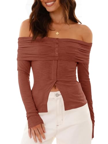 Fisoew Damen Schulterfrei Langarmshirt mit Button Down Design Seitlich Schlitz Oberteile(Ziegelrot,M) von Fisoew