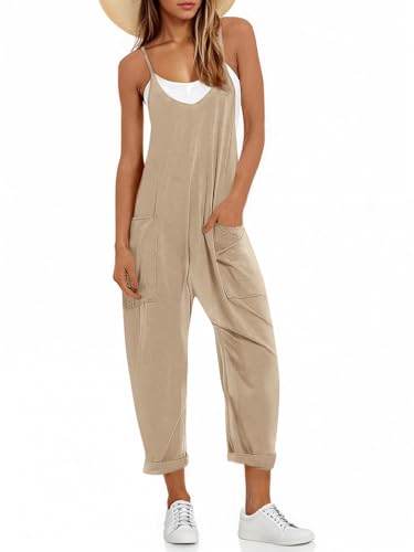 Fisoew Damen Sommer Ärmellos Lose Casual V-Ausschnitt Jumpsuits Spaghettiträger Lange Hose Baggy Overalls mit Taschen, Khaki, Medium von Fisoew