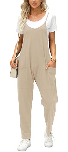 Fisoew Damen Sommer Ärmellos Lose Casual V-Ausschnitt Jumpsuits Spaghettiträger Lange Hose Baggy Overalls mit Taschen, Khaki, X-Large von Fisoew