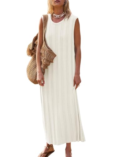 Fisoew Damen Sommerkleid Ärmelloses Strandkleider Maxikleid Rundhalsausschnitt Geripptes Gestricktes Lang Tank Top Kleider Weiß L von Fisoew