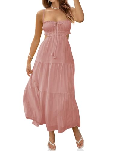 Fisoew Damen Spaghettiträger Maxikleid Sommer Ärmellos Seitenausschnitt Kleid Casual Boho Rückenfrei Flowy Lange Kleider, Pink, Mittel von Fisoew
