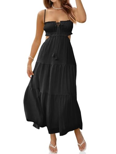 Fisoew Damen Spaghettiträger Maxikleid Sommer Ärmellos Seitenausschnitt Kleid Casual Boho Rückenfrei Flowy Lange Kleider, Schwarz, Klein von Fisoew