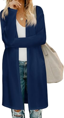 Fisoew Damen Strickjacke Open Front Langarm Cardigan Leicht Strickmantel Lang Pullover mit Taschen,Dunkelblau,L Fisoew Damen Strickjacke Open Front Langarm Cardigan Leicht Strickmantel Lang Pullover mit Taschen,Dunkelblau,L von Fisoew