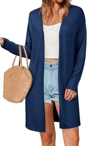 Fisoew Damen Strickjacke Open Front Langarm Cardigan Leicht Strickmantel Lang Pullover mit Taschen,Dunkelblau,XXL Fisoew Damen Strickjacke Open Front Langarm Cardigan Leicht Strickmantel Lang Pullover mit Taschen,Dunkelblau,XXL von Fisoew