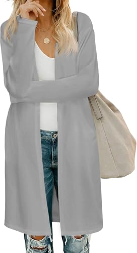 Fisoew Damen Strickjacke Open Front Langarm Cardigan Leicht Strickmantel Lang Pullover mit Taschen,Grau,M von Fisoew