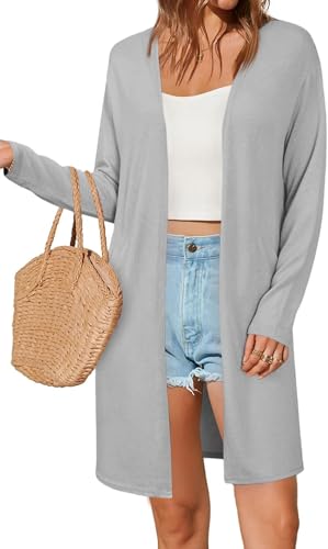 Fisoew Damen Strickjacke Open Front Langarm Cardigan Leicht Strickmantel Lang Pullover mit Taschen,Grau,XXL Fisoew Damen Strickjacke Open Front Langarm Cardigan Leicht Strickmantel Lang Pullover mit Taschen,Grau,XXL von Fisoew