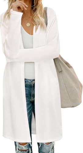 Fisoew Damen Strickjacke Open Front Langarm Cardigan Leicht Strickmantel Lang Pullover mit Taschen,Weiß,XL von Fisoew