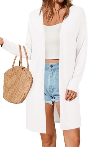 Fisoew Damen Strickjacke Open Front Langarm Cardigan Leicht Strickmantel Lang Pullover mit Taschen,Weiß,XXL von Fisoew