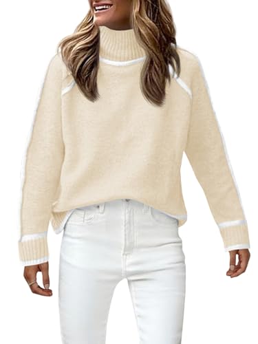 Fisoew Damen Strickpullover Contrastfarbe Stehkragen Pullover Warm Sweater Knitted Langarm Sweatshirts mit Streifen (Aprikose, M) von Fisoew