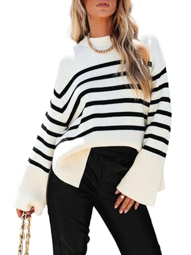 Fisoew Damen Strickpullover Gestreifter Rundhals Pullover Streifen Langarm Pulli Oberteile mit Seitenschlitz (Weiß, XXL) von Fisoew
