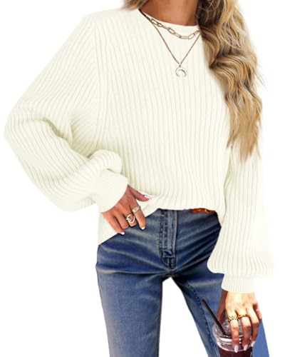 Fisoew Damen Strickpullover Rundhals Pullover mit Laterne Ärmel Langarm Knit Sweaters Lose Oberteile(Beige, XXL) von Fisoew