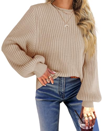 Fisoew Damen Strickpullover Rundhals Pullover mit Laterne Ärmel Langarm Knit Sweaters Lose Oberteile(Khaki, XL) von Fisoew
