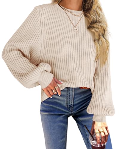 Fisoew Damen Strickpullover Rundhals Pullover mit Laterne Ärmel Langarm Knit Sweaters Lose Oberteile(Nude, XXL) von Fisoew