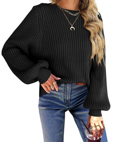 Fisoew Damen Strickpullover Rundhals Pullover mit Laterne Ärmel Langarm Knit Sweaters Lose Oberteile(Schwarz, XXL) von Fisoew