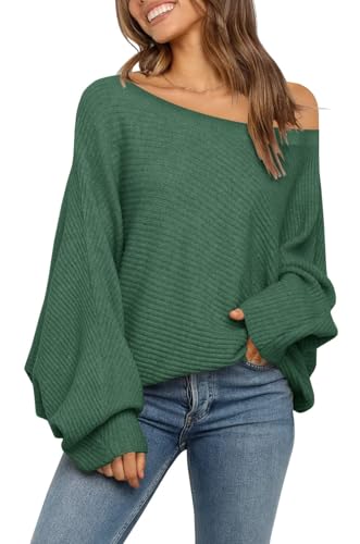 Fisoew Damen Strickpullover Schulterfrei Pullover Fledermausärmel Pulli Langarm Oversized Sweater Grobstrick Winter Oberteil (Grün, S) von Fisoew
