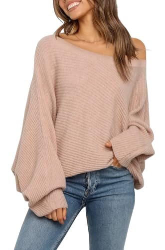 Fisoew Damen Strickpullover Schulterfrei Pullover Fledermausärmel Pulli Langarm Oversized Sweater Grobstrick Winter Oberteil (Nackt, L) von Fisoew