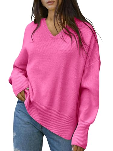 Fisoew Damen Strickpullover V-Ausschnitt Pullover mit Laterne Ärmel Langarm Gerippt Knit Sweaters Oversized Winter Oberteile (Dunkelrot, M) von Fisoew