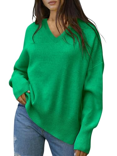 Fisoew Damen Strickpullover V-Ausschnitt Pullover mit Laterne Ärmel Langarm Gerippt Knit Sweaters Oversized Winter Oberteile (Grün, L) von Fisoew