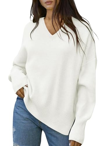 Fisoew Damen Strickpullover V-Ausschnitt Pullover mit Laterne Ärmel Langarm Gerippt Knit Sweaters Oversized Winter Oberteile (Weiß, S) von Fisoew