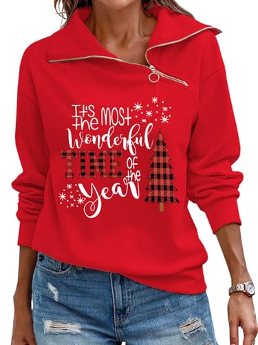 Fisoew Damen Sweatshirt Weihnachten Bedruckt Stehkragen Pullover Langarm Reverskragen Winter Oberteile mit Reißverschluss(Rot,S) von Fisoew