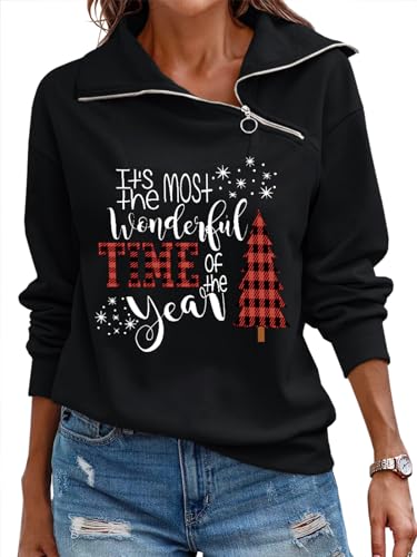 Fisoew Damen Sweatshirt Weihnachten Bedruckt Stehkragen Pullover Langarm Reverskragen Winter Oberteile mit Reißverschluss(Schwarz,XL) von Fisoew