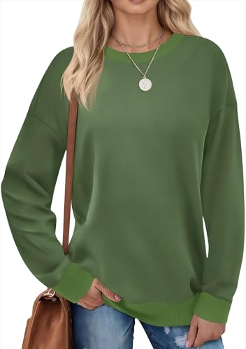 Fisoew Damen Sweatshirts Farbblock Rundhals Langarmshirt Casual Langarm Oberteil mit Gerippt Saum Armeegrün XXL von Fisoew