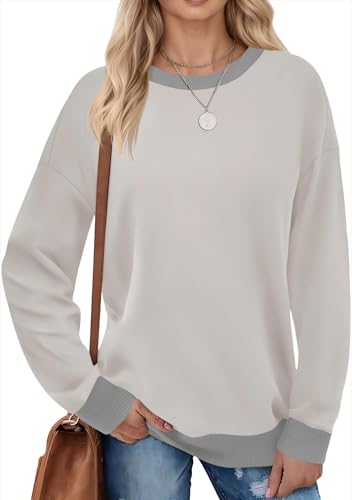 Fisoew Damen Sweatshirts Farbblock Rundhals Langarmshirt Casual Langarm Oberteil mit Gerippt Saum Grau S von Fisoew