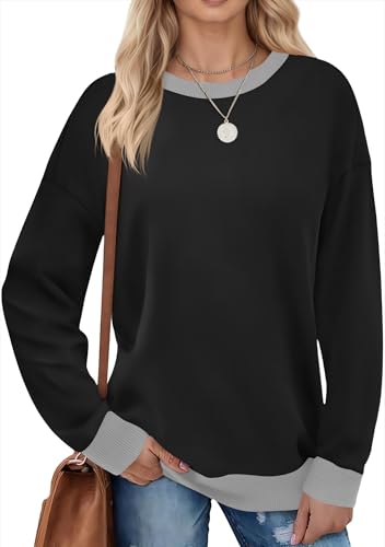 Fisoew Damen Sweatshirts Farbblock Rundhals Langarmshirt Casual Langarm Oberteil mit Gerippt Saum Schwarz XXL von Fisoew