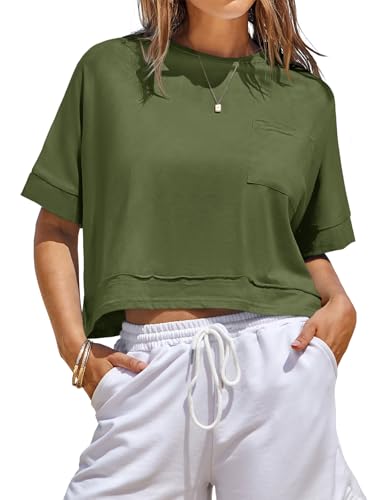 Fisoew Damen T-Shirt Kurzarm Crop Tops Sommer Rundhals Oversize Oberteile Fitness Sport Shirts Bauchfrei Einfarbig Basic top Armeegrün S von Fisoew