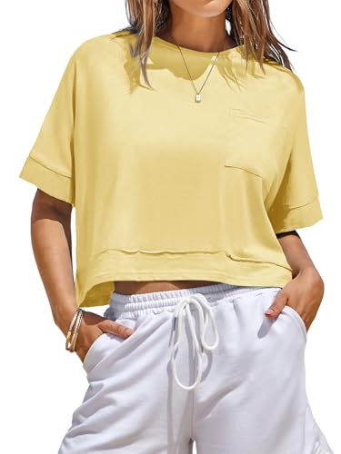 Fisoew Damen T-Shirt Kurzarm Crop Tops Sommer Rundhals Oversize Oberteile Fitness Sport Shirts Bauchfrei Einfarbig Basic top Gelb XXL von Fisoew