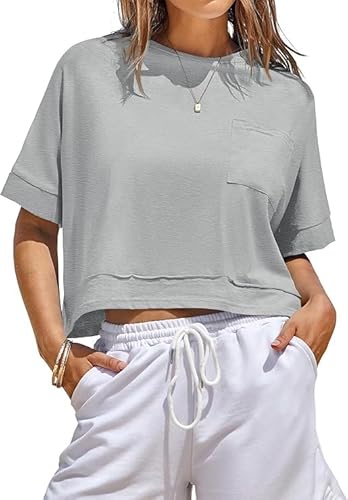 Fisoew Damen T-Shirt Kurzarm Crop Tops Sommer Rundhals Oversize Oberteile Fitness Sport Shirts Bauchfrei Einfarbig Basic top Grau XXL von Fisoew