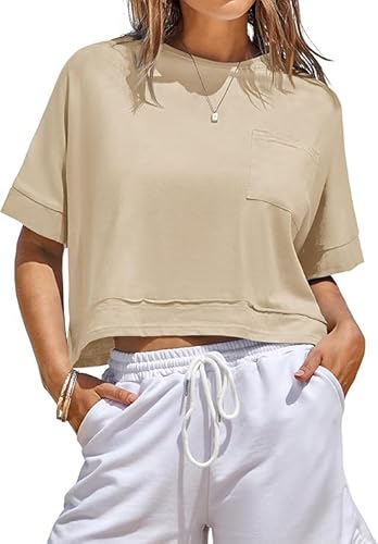 Fisoew Damen T-Shirt Kurzarm Crop Tops Sommer Rundhals Oversize Oberteile Fitness Sport Shirts Bauchfrei Einfarbig Basic top Khaki L von Fisoew