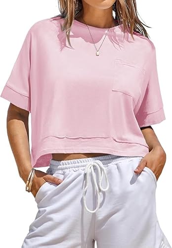 Fisoew Damen T-Shirt Kurzarm Crop Tops Sommer Rundhals Oversize Oberteile Fitness Sport Shirts Bauchfrei Einfarbig Basic top Rosa L von Fisoew