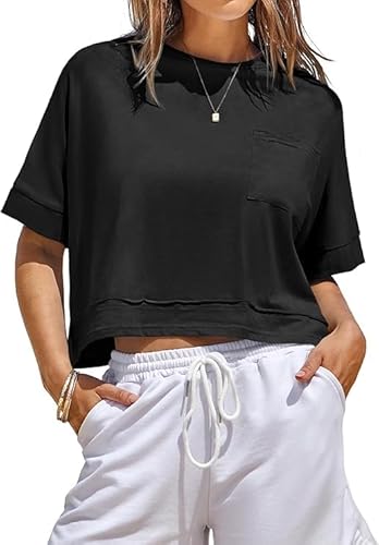 Fisoew Damen T-Shirt Kurzarm Crop Tops Sommer Rundhals Oversize Oberteile Fitness Sport Shirts Bauchfrei Einfarbig Basic top Schwarz S von Fisoew