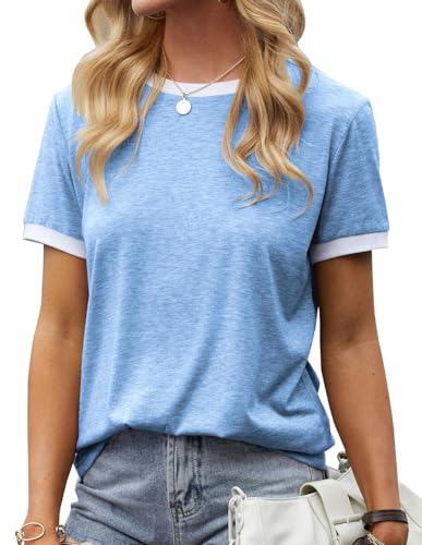 Fisoew Damen T Shirt Kurzarm Farbe Block Rundhals Basic Sommer Top(Blau,L) von Fisoew