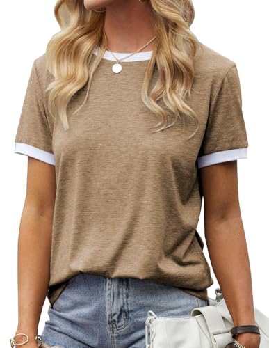 Fisoew Damen T Shirt Kurzarm Farbe Block Rundhals Basic Sommer Top(Khaki,S) von Fisoew