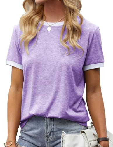 Fisoew Damen T Shirt Kurzarm Farbe Block Rundhals Basic Sommer Top(Lila,XXL) von Fisoew