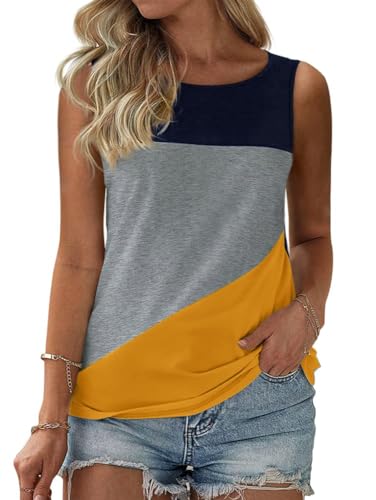 Fisoew Damen Tank Top Farbblock Ärmellose Baumwolle Tops Rundhals Cami Oberteil Sommer Locker Shirt (Gelb, S) von Fisoew