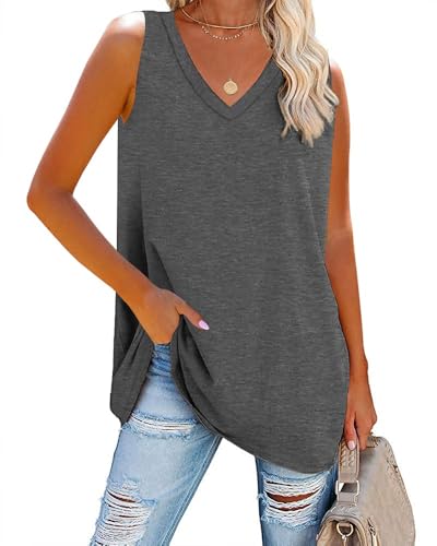 Fisoew Damen Tank Top V-Ausschnitt Blusentop Oberteile Sommer Basic locker lässig Vest Tops Bluse,Dunkelgrau,XXL von Fisoew