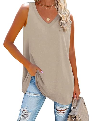 Fisoew Damen Tank Top V-Ausschnitt Blusentop Oberteile Sommer Basic locker lässig Vest Tops Bluse,Khaki,L von Fisoew
