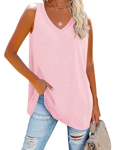 Fisoew Damen Tank Top V-Ausschnitt Blusentop Oberteile Sommer Basic locker lässig Vest Tops Bluse,Rosa,S von Fisoew