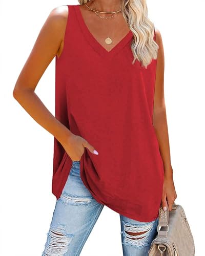 Fisoew Damen Tank Top V-Ausschnitt Blusentop Oberteile Sommer Basic locker lässig Vest Tops Bluse,Rot,XXL von Fisoew
